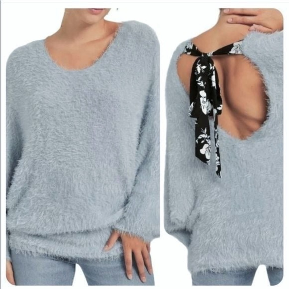 Wishlist Baby Blue Fuzzy Open Back With Tie Bat Sleeves Sweater